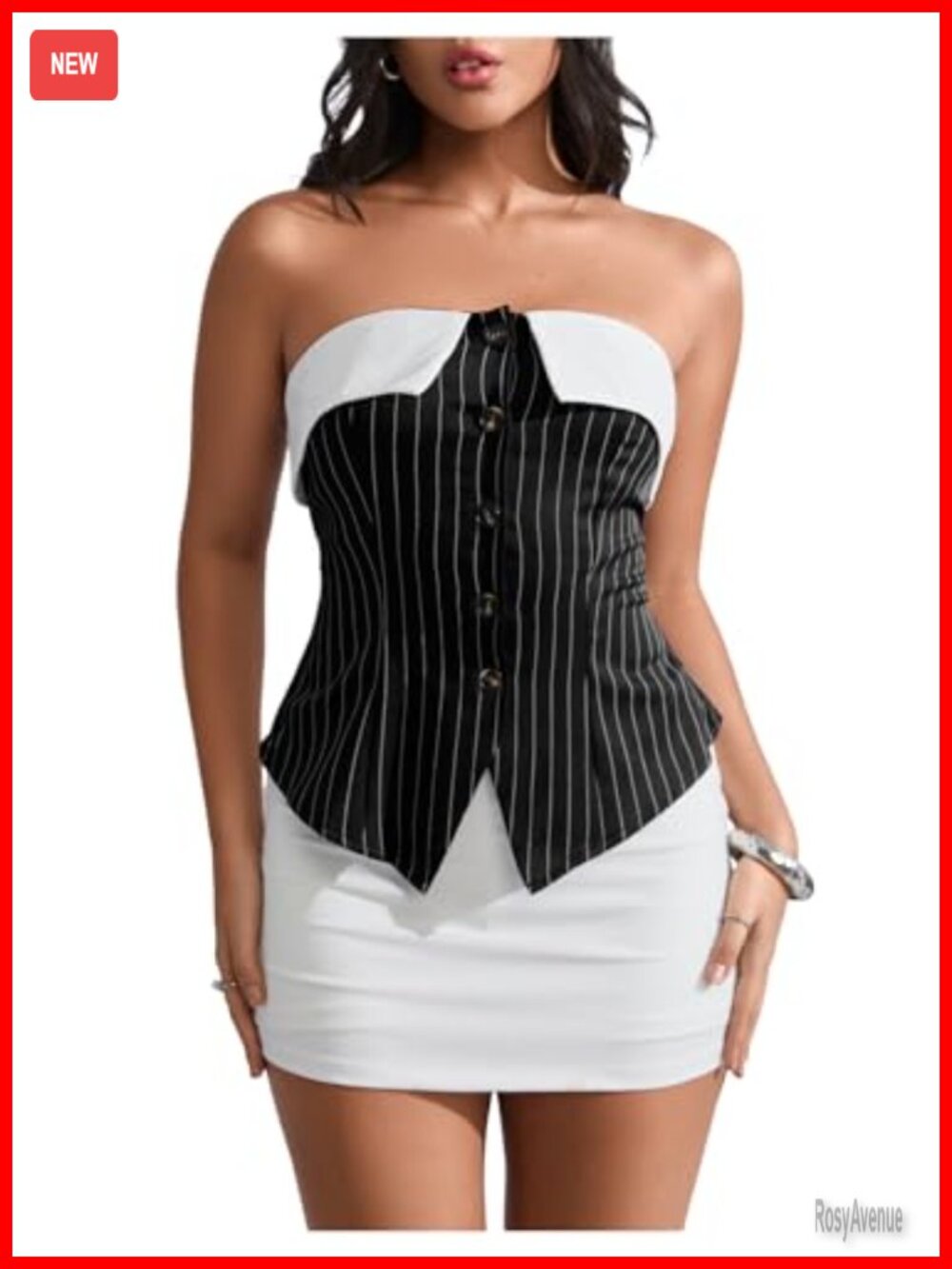 MakeMeChic Women's Strapless Striped Button Down Tube Top Business Casual